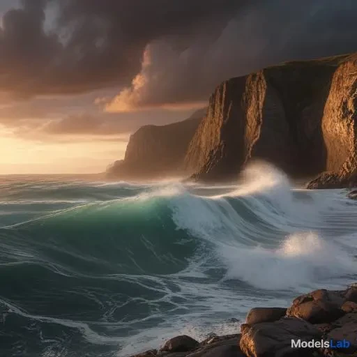 A stormy ocean crashing against jagged cliffs at sunset, hyper-realistic, dramatic lighting